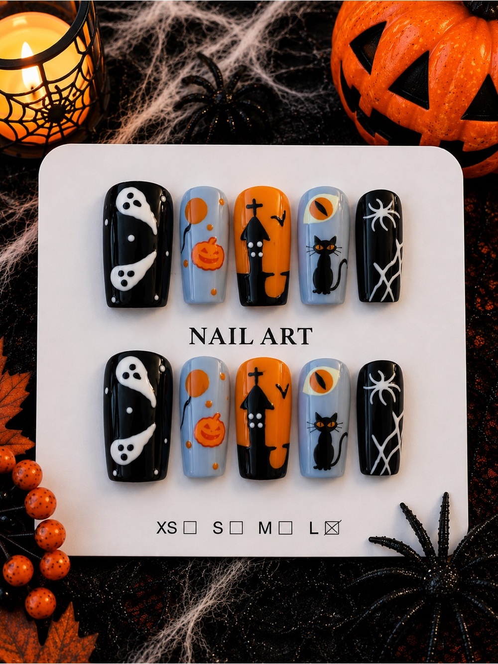 🎃 Halloween Ghost, Pumpkin & Black Cat Press-On Nails 👻🖤